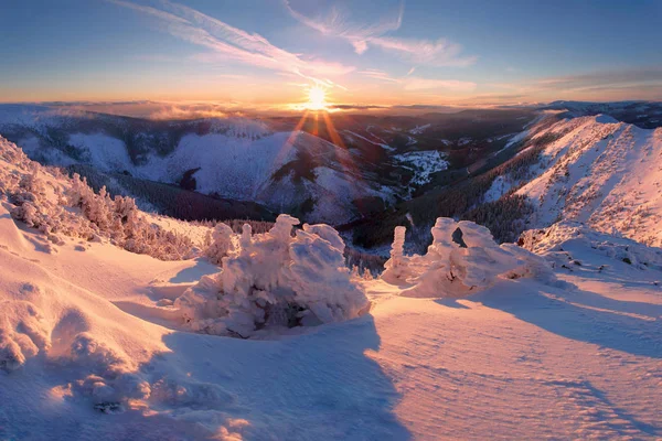 夕暮しの雪の中の山々の風光明媚な眺め — ストック写真