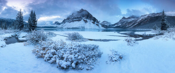 Scenic view of mountains, lake and plants in snow at winter