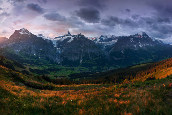 scenic view of fields and mountains under overcast sky