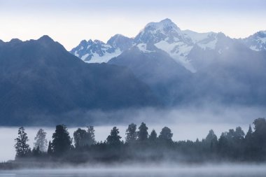 Çayırlarda gün batımı Tilki Buzulu / Te Moeka o Tuawe. Yeni Zelanda'nın Güney Adası'nın Batı Sahili'ndeki Westland Tai Poutini Milli Parkı'nda bulunan ılıman deniz buzuludur..