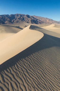 Sabah Erken Güneş ışığı Kum Tepeleri Ve Mesquite düz tepelerde Dağlar, Death Valley Milli Parkı, California Abd Soba Kuyuları kum tepeleri, kum güzel arka plan çok güzel yapılar