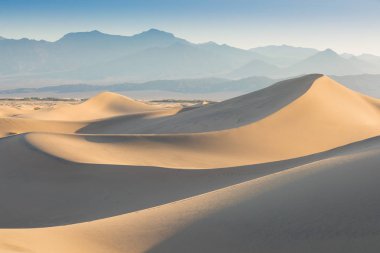 Sabah Erken Güneş ışığı Kum Tepeleri Ve Mesquite düz tepelerde Dağlar, Death Valley Milli Parkı, California Abd Soba Kuyuları kum tepeleri, kum güzel arka plan çok güzel yapılar