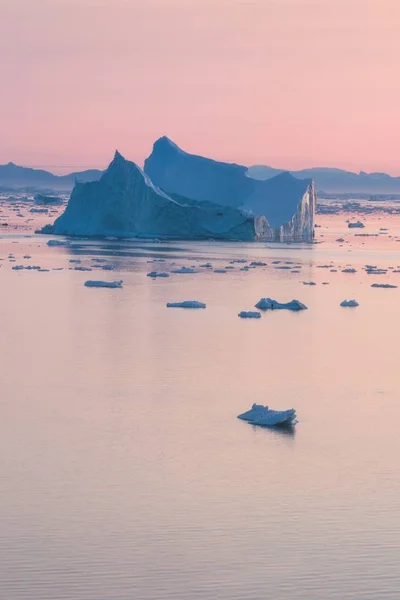 Arctic Nature Landscape Icebergs Greenland Icefjord Midnight Sun Sunset Sunrise — Stock Photo, Image