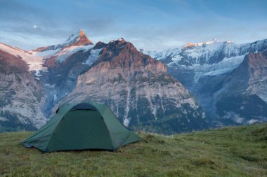 Güneş doğarken Mont Blanc 'ın manzarası. Popüler turist eğlencesi. Resimli ve muhteşem bir sahne. Doğa koruma alanı Aiguilles Rouges, Graian Alpleri, Fransa, Avrupa. Güzellik dünyası.