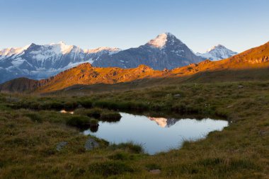 Bachalpsee Gölü 'nün üzerindeki Bernese Sıradağları' nda gün doğumu manzarası. En yüksek tepeler Eiger, Jungfrau ve Faulhorn ünlü yerlerdedir. İsviçre Alpleri, Grindelwald Vadisi. Popüler turist eğlencesi. Avrupa.