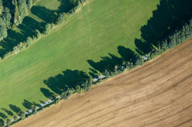 Kırsal bir yoldan geçen yeşil bir tarımın havadan görünüşü. Yaz zamanı, manzara güneşli bir gün..