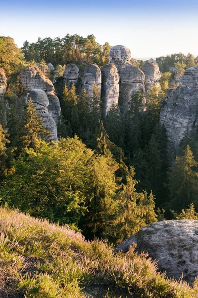 夏のヨーロッパの風景で砂岩の岩 美しい夕日 砂岩の塔 — ストック写真