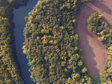 Nehrin en üst manzarası, kıvrımlı kıvrımlar ve parlak güneş ışığında yeşil ormanlar. Parktaki derede, ağaçların arasında. Hava aracı görüntüsü. Yaz ya da sonbahar zamanı. Etrafı yeşil ormanlarla çevrili..