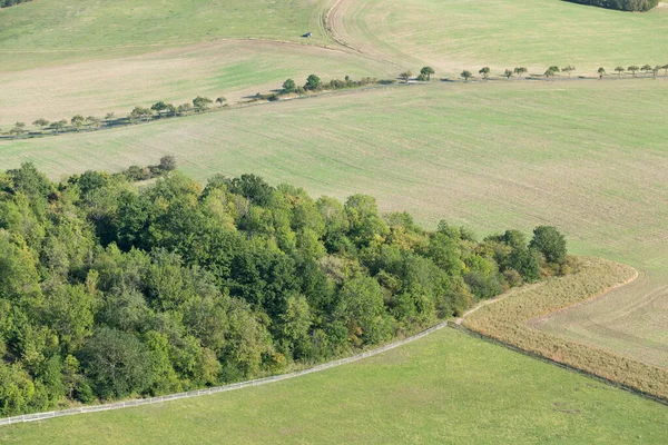 Green Fields Meadows Mountains View Harvest Aerial Drone View Summer — Stock Photo, Image