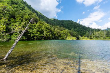 Hotaka arka tapınak Kamikochi, Nagano, Japonya içinde gölette Myojin.