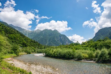Nehir ve yaz orman manzara, Japonya'da Kamikochi yolu