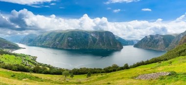 Aurlandsfjord Panorama Manzarası. Batı Norveç fiyortları, Norveç