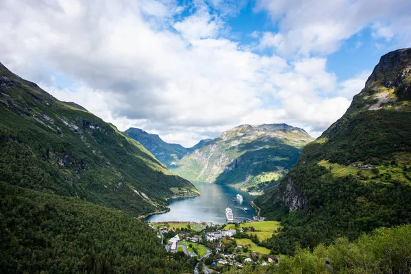 Beautiful aerial landscape view Geiranger village, harbor and fjord in More og Romsdal county in Norway. — Stock Photo, Image