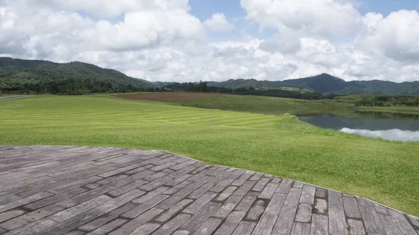 Wood Old Table Landscape Mountain Cloud Sky Background Focus Table — Stock Photo, Image