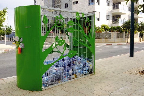 ISRAEL - Netanya, 21 October 2017: Container for collection of plastic bottles on the common streets of the city