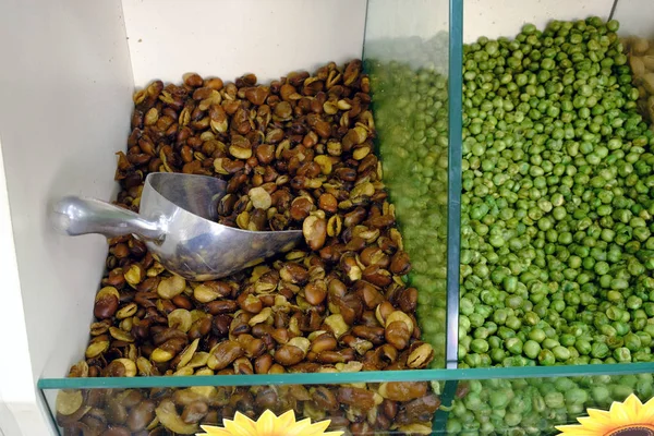 pea seeds are on a showcase in a nut store