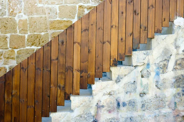 Texture Ancient Stone Wall Antique City Stone Staircase Wooden Handrails — Stock Photo, Image