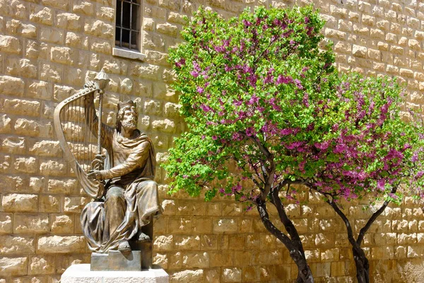 イスラエル エルサレム 2018 開花ツリーの背景にエルサレムの旧市街でダビデ王の記念碑 — ストック写真