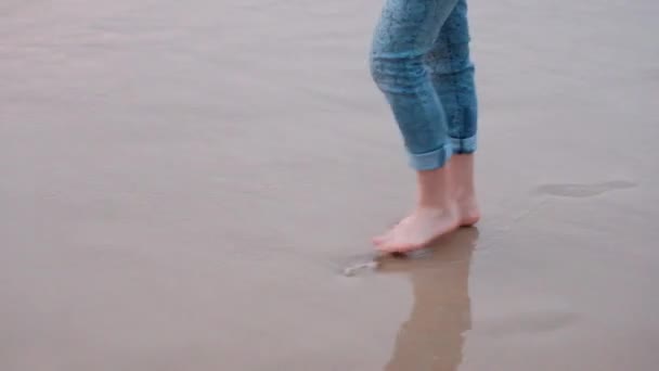 Female Legs Young Girl Walking Shore Pink Sea Mediterranean Sunset — Stock Video