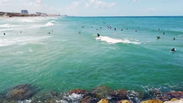 Israel Herzliya Maj 2020 Många Surfar Stranden Underbar Dag Stranden — Stockvideo