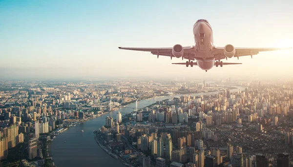 the plane flying over the city