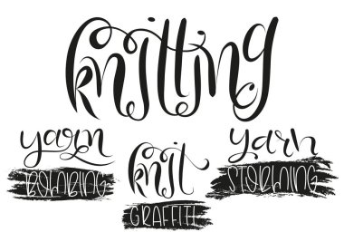 Knitta grubu hakkında 3 El yazısı tırnak seti. Tipografi posteri, kart, etiket, el ilanı, sayfa, afiş, t-kısa için elle çizilmiş grafik.