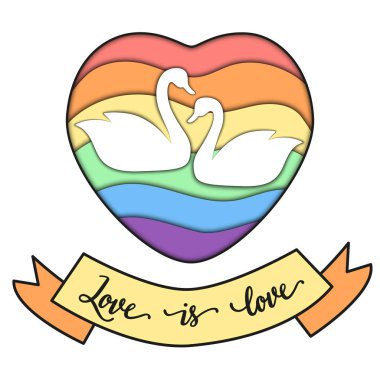 Kalbinde iki beyaz kuğu var. Kağıt kesme stile. Eşcinsel geçit töreni sloganı. LGBT hakları sembolü. Poster, pankart, kart tasarımı
