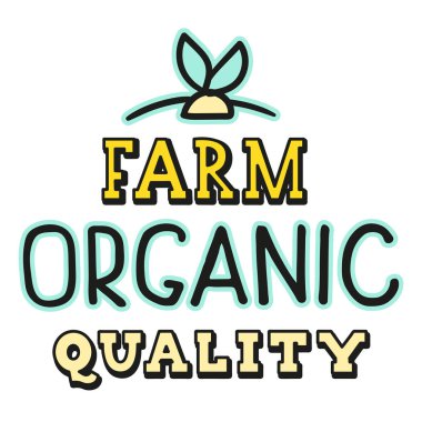 Organik Çiftlik Kalitesi. Doodle amblemi, çerçevesi ve logosu