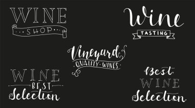 Şarap ve Vineyard yazısı. 5 el yazılı çizim seti.