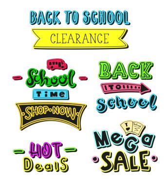 Okul harflerinin alıntılar geri hoş geldiniz ayarlayın. Okul satışı etiketine geri dönelim. Vektör Illustration