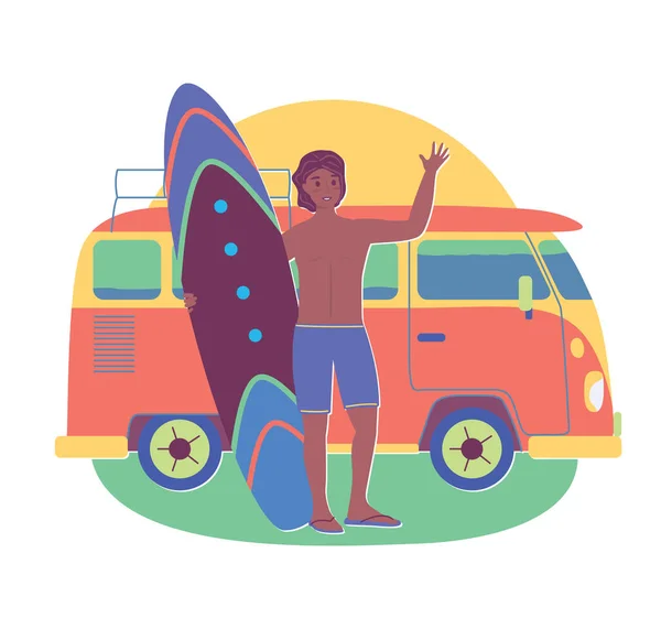 Joven hombre bronceado con tabla de surf estancia cerca de autobús retro. Ilustración de stock vectorial en stil plano de dibujos animados. Concepto de verano de vacaciones, viajes, turismo, viaje, recreación o descanso — Vector de stock