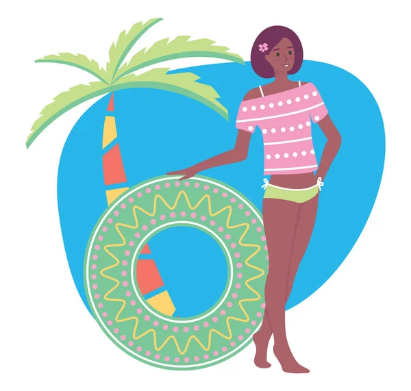 Mulher afro-americana repousa na praia, ilustração de estoque vetorial em stile de desenhos animados plana. Uma menina fica perto de uma palmeira e mantém um círculo de natação — Vetor de Stock