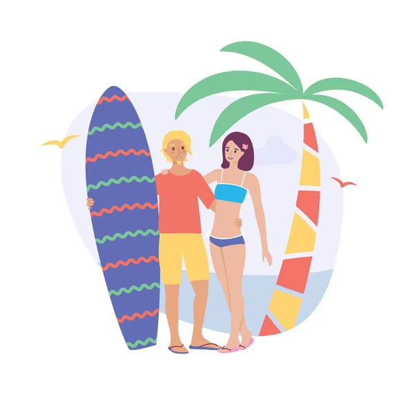 Homem e mulher de surf jovem com bordo. Personagens de casal de desenhos animados planos isolados em fundo branco. Ilustração vetorial de verão — Vetor de Stock