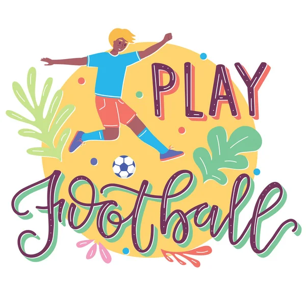 Щасливий молодий чоловік грає у футбол, плоску мультяшну ілюстрацію з текстом. Хлопчик штовхає м'яч, векторний шаблон запасів ізольовано на білому тлі . — стоковий вектор