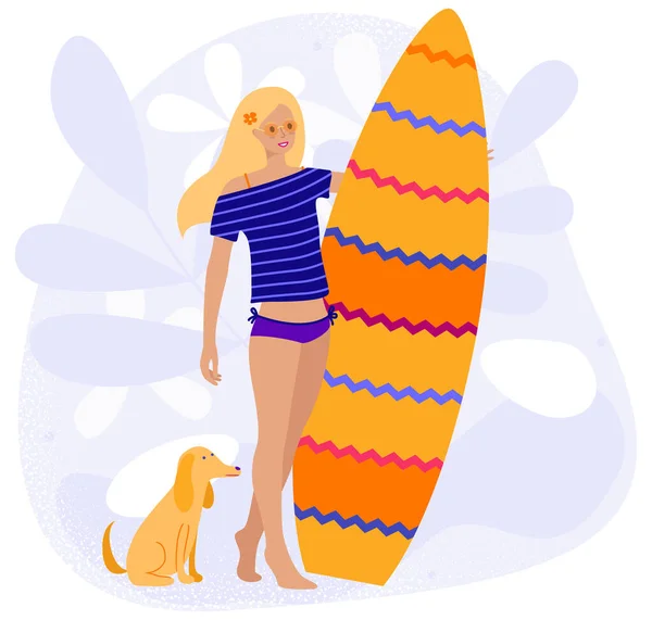 Menina com um cão se preparando para o surf, ilustração desenho animado plano vetorial isolado no fundo branco. Jovem segurando uma prancha de surf — Vetor de Stock