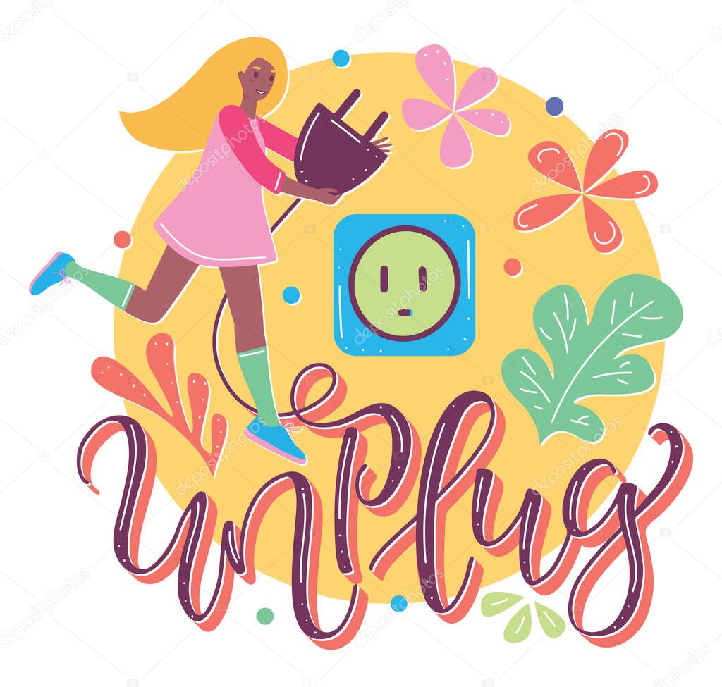 Smile blond girl with plug and socket, unplugging concept in flat cartoon stile. Vector colored text Unplug with illustration isolated on white background