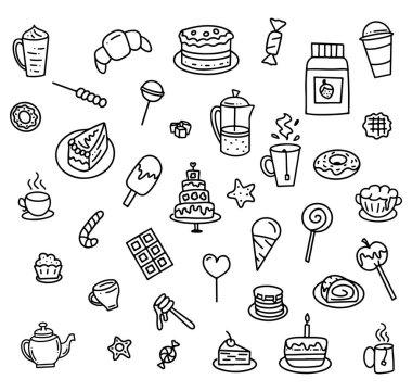 Kafe veya restoran menüsü için el çizimi elementler, beyaz arkaplanda izole siyah karalama, vektör stoku illüstrasyonu