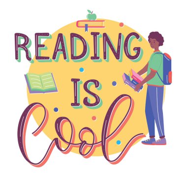 Düz çizgi film stili kitabı olan bir öğrenci. İnsan erkek tüzüğü ve metni, okumak iyidir.