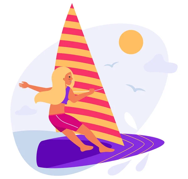 Windsurfer dívky na windsurfing palubě s plachtou. Cartoon vector Illustration in flat style. Summertime šablona se sluncem opálené blond vlasy žena dělat pro sporty na moři. — Stockový vektor