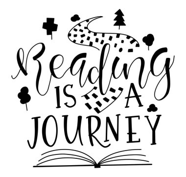 Reading is a journey, sketch book, road, trees and black text isolated on white background, vector stock illustration