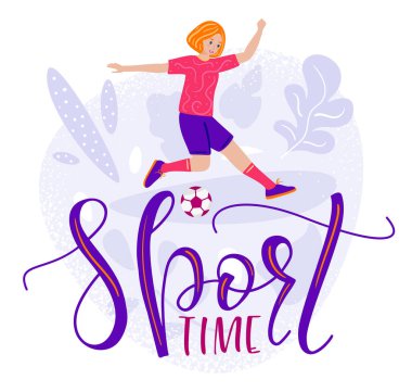 Spor zamanı, elle çizilmiş mesaj ve kız top oynuyor. Çizgi film illüstrasyonu