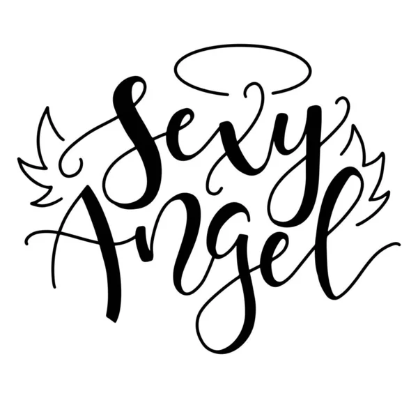 Sexy angel, black text with wings and halo, vector illustration isolated on white background. — Stock Vector