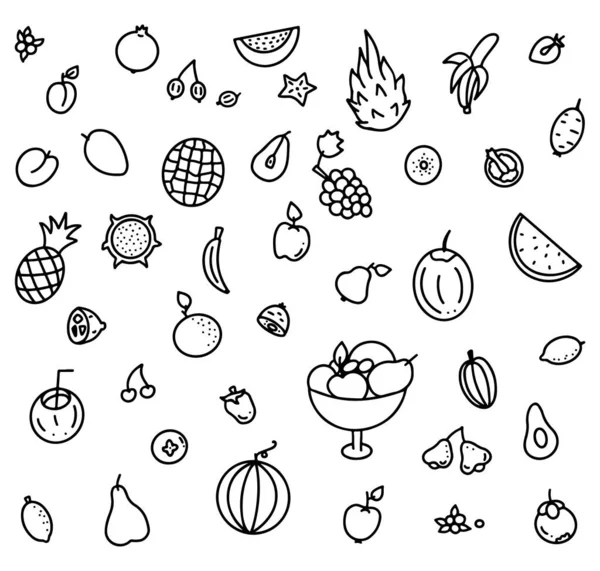 Conjunto de elementos de frutas dibujadas a mano para verdulero o menú, ilustración de stock vectorial, garabato negro aislado sobre fondo blanco . — Vector de stock