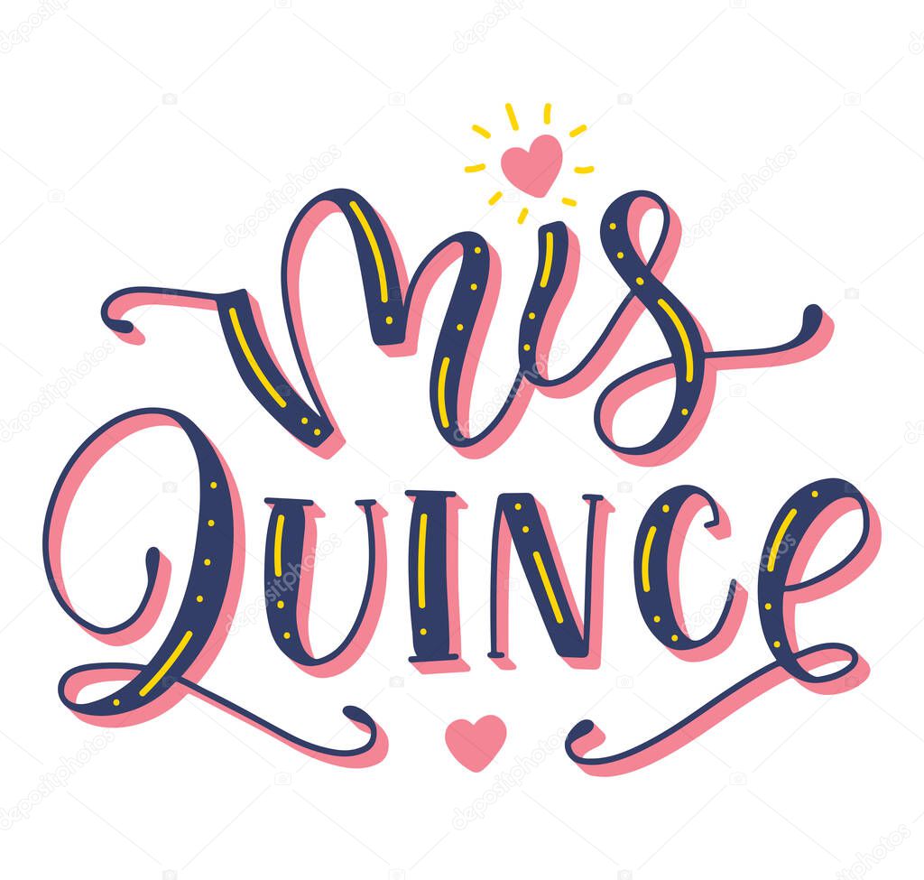 Mis 15 anos - My fifteen years old, Spanish lettering. Teenager girl birthday celebration calligraphy. Vector stock illustration.