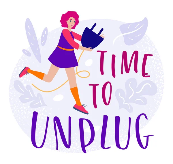 Girl with plug, unplugging concept in flat cartoon stile. Vector colored text Time To Unplug. — Stock Vector