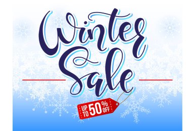 Kış satış vektör çizimi, beyaz kar taneleri elementli harf tasarımı. Alışveriş promosyonu için kar arkaplanı.