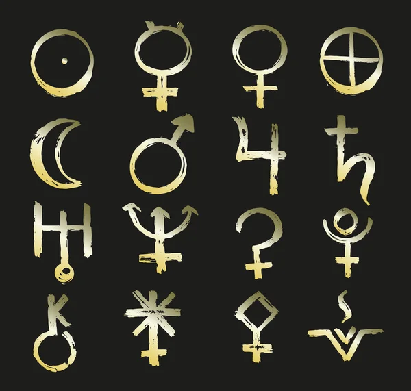 Gold icon of planet in astrology. Vector illustration with sign Mars, Venus, Mercury, Moon, Sun, Jupiter, Saturn, Pluto, Uranus, Neptune, Vesta, Pallas, Juno, Chiron, Ceres — Stock Vector