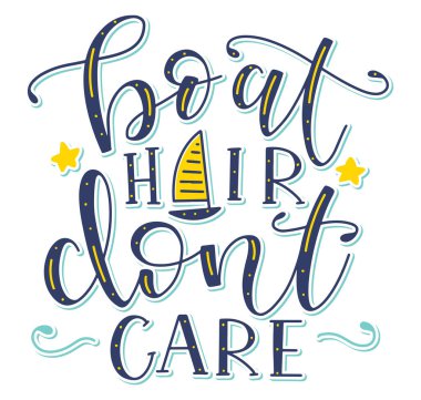 Tekne kılı umurumda değil, tatildeki saçı rüzgarla kaplı bir kız hakkında yazı, renkli vektör illüstrasyonu..