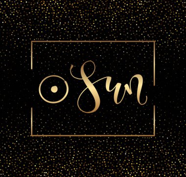 Güneş - astrolojik sembol ve el yazısı. Metin ve altın kıvılcımlı vektör illüstrasyonu.