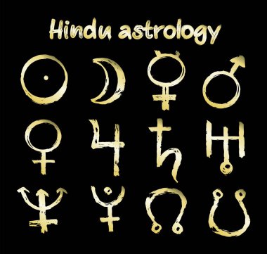 Juotisha astrolojisindeki altın ikonu - Mars, Venüs, Merkür, Ay, Güneş, Jüpiter, Satürn, Plüton, Uranüs, Neptün, Rahy ve Kethu imzalı vektör ilülasyonu.